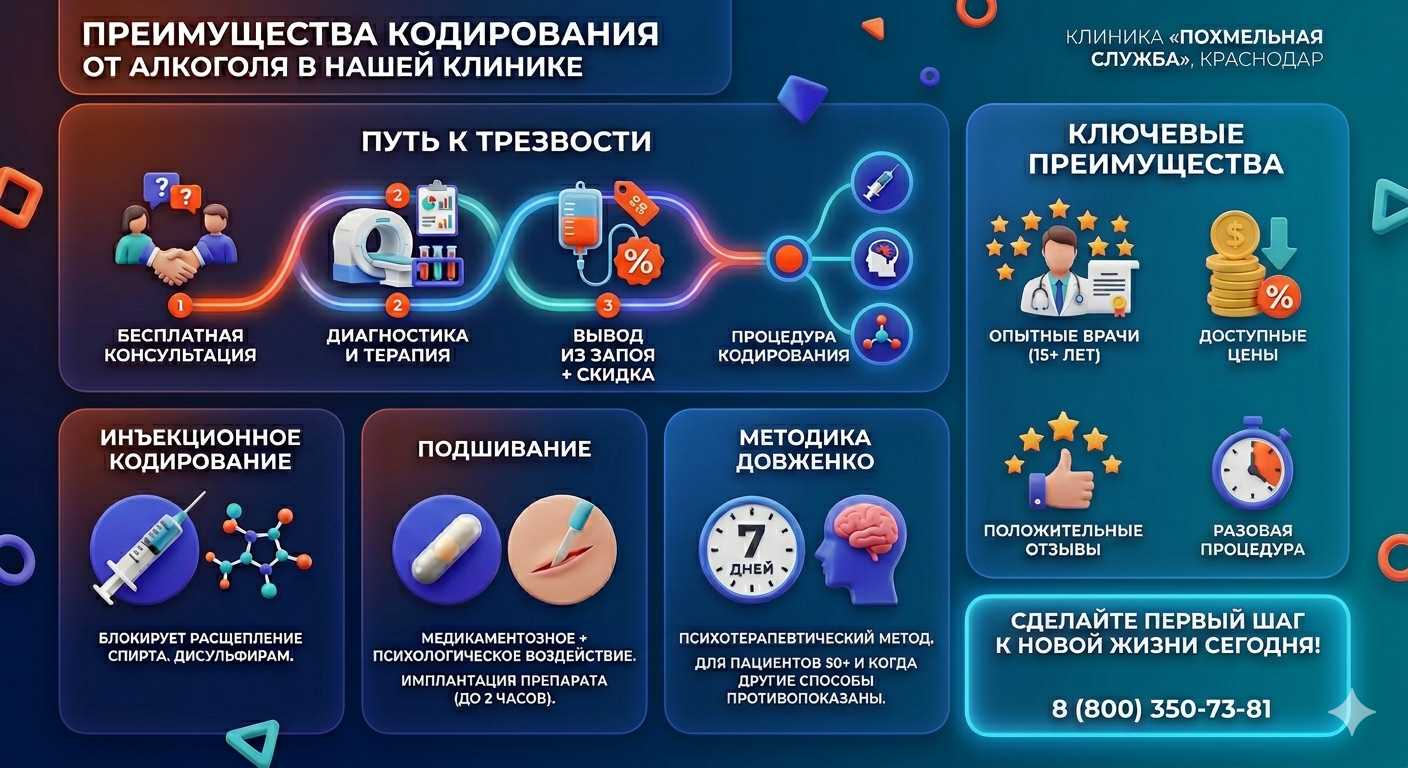 Инфографика о методах кодирования от алкоголя в Сухом Логе: инъекции, подшивание, метод Довженко. Преимущества клиники и этапы лечения.