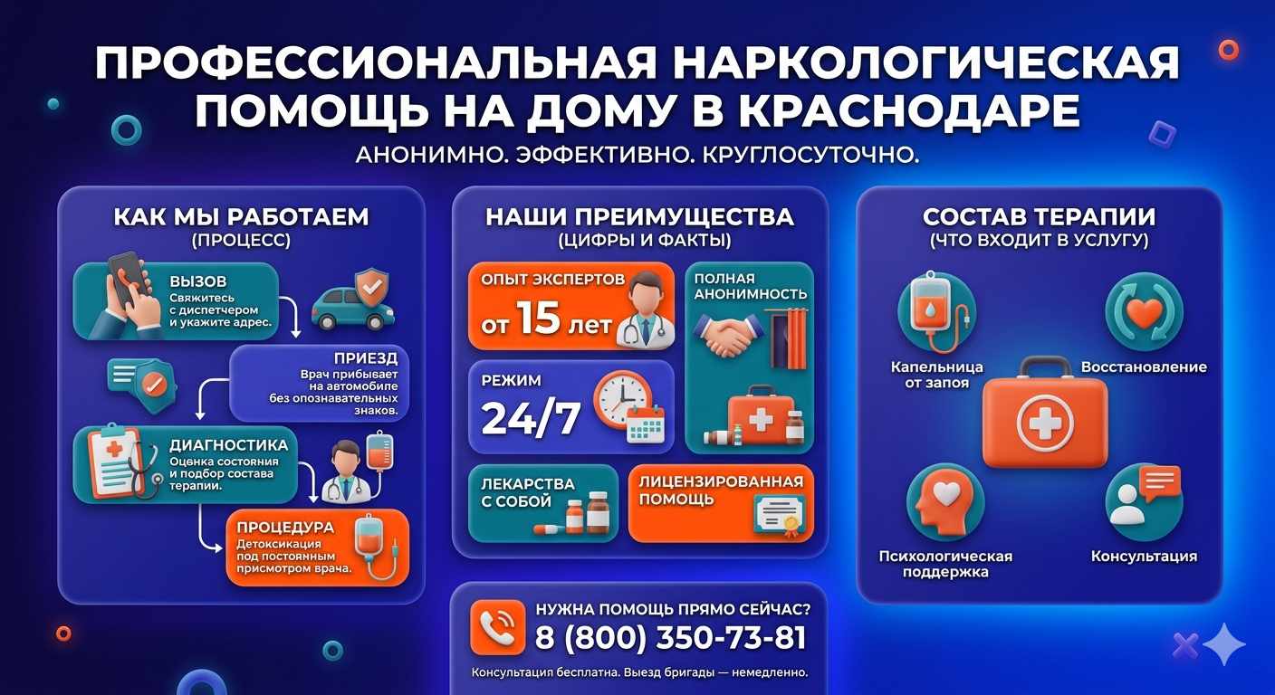 Инфографика о принципах лечения алкоголизма на дому в Сухом Логе: этапы вызова нарколога, преимущества анонимной детоксикации и состав медицинской помощи.